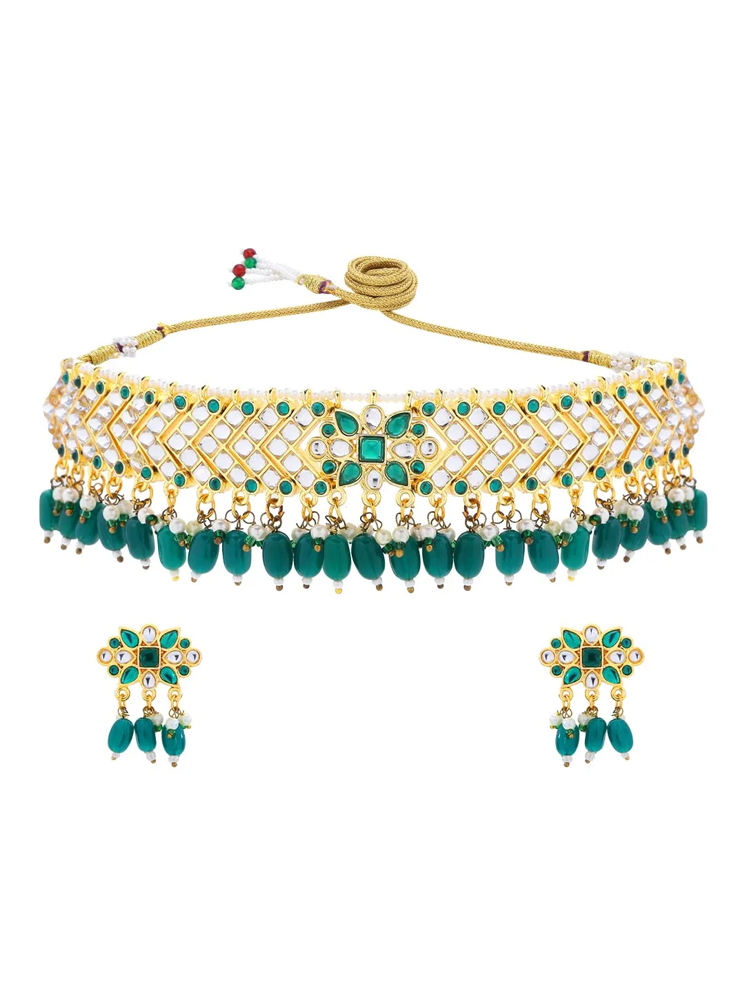 Yellow Chimes Ethnic Handcrafted Kundan Jewellery Set Gold Plated Traditional Choker Necklace Set for women & Girls (Green Golden)