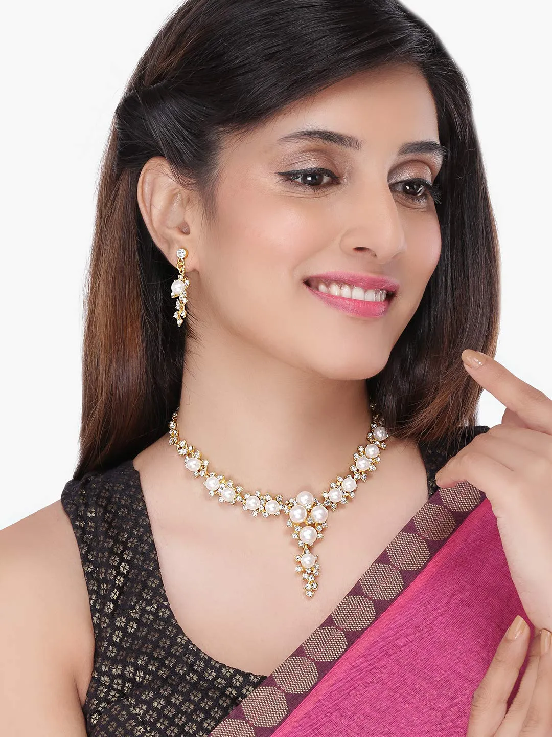 Yellow Chimes Latest Fashion Designer Crystal Pearl Gold Plated Pearl Necklace Set with Earrings Jewellery Set For Women & Girls