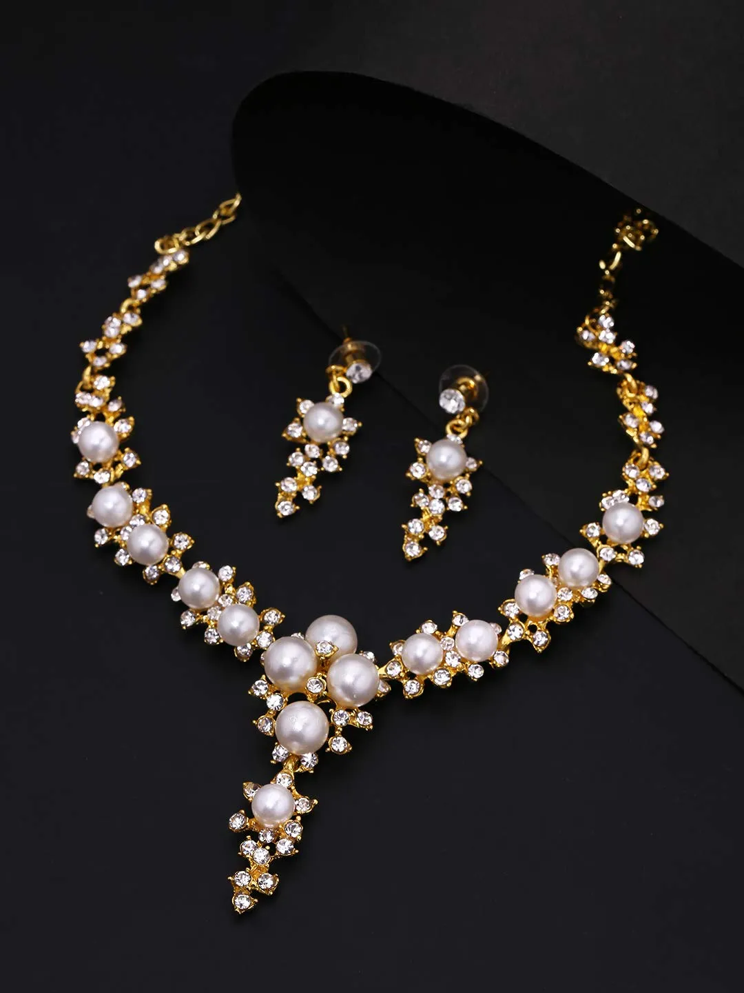 Yellow Chimes Latest Fashion Designer Crystal Pearl Gold Plated Pearl Necklace Set with Earrings Jewellery Set For Women & Girls